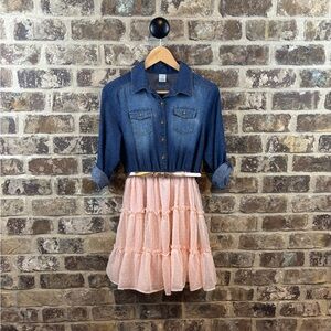 Arizona Jean Co. Denim Belted Peachy Pink Ruffled Dress Girls Sz 16